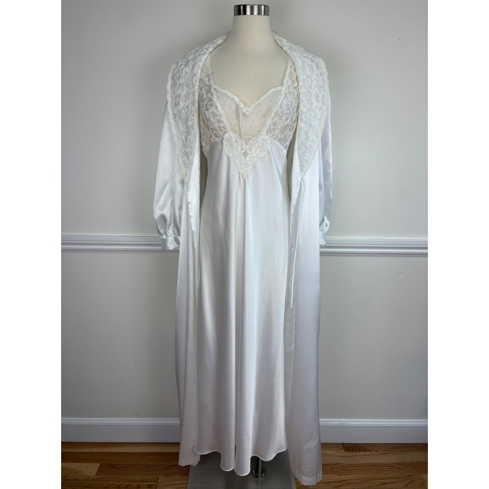 Blanche Vintage Peignoir Set Size S White Satin Lace Shawl Collar 60s 70s Glam